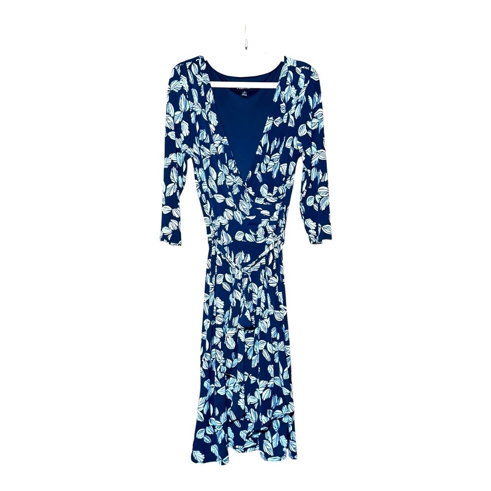 41 Hawthorn Navy and White Leaf Print Faux Wrap Dress w Belt Size XS Petite